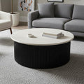 Cream Polished Travertine Top Coffee Table with Ridged Black Acacia Wood Drum Base, Walton