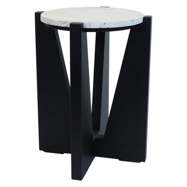 Cream Travertine Top Side Table with Black Acacia Wood Geometric Frame, Walton