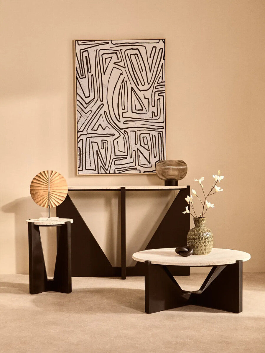 Cream Travertine Top Side Table with Black Acacia Wood Geometric Frame, Walton
