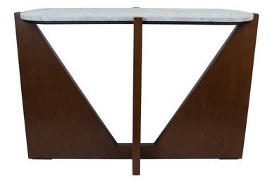 Cream Travertine Top Console Table with Brown Acacia Wood Frame, Walton - Miola
