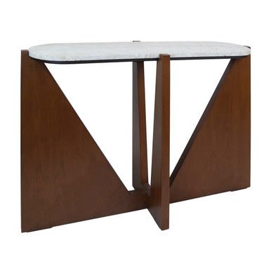 Cream Travertine Top Console Table with Brown Acacia Wood Frame, Walton - Miola