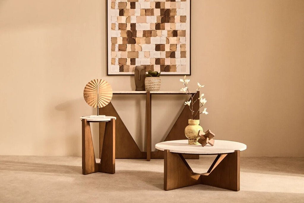 Cream Travertine Top Console Table with Brown Acacia Wood Frame, Walton - Miola