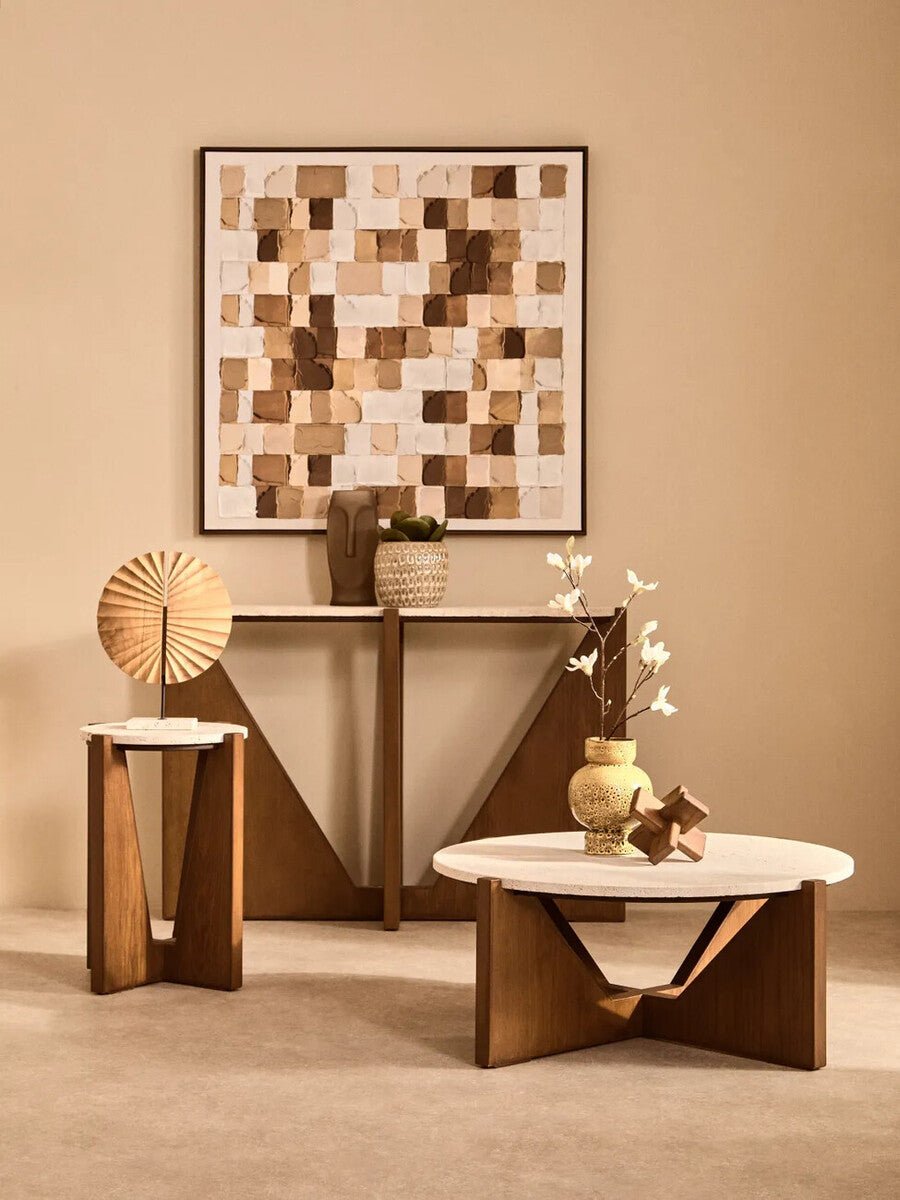 Cream Travertine Top Console Table with Brown Acacia Wood Frame, Walton - Miola