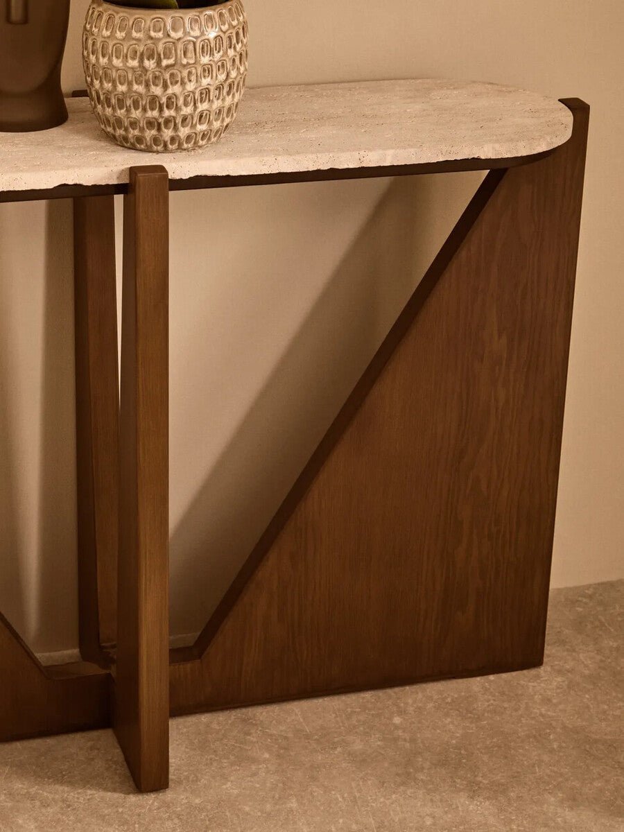 Cream Travertine Top Console Table with Brown Acacia Wood Frame, Walton - Miola