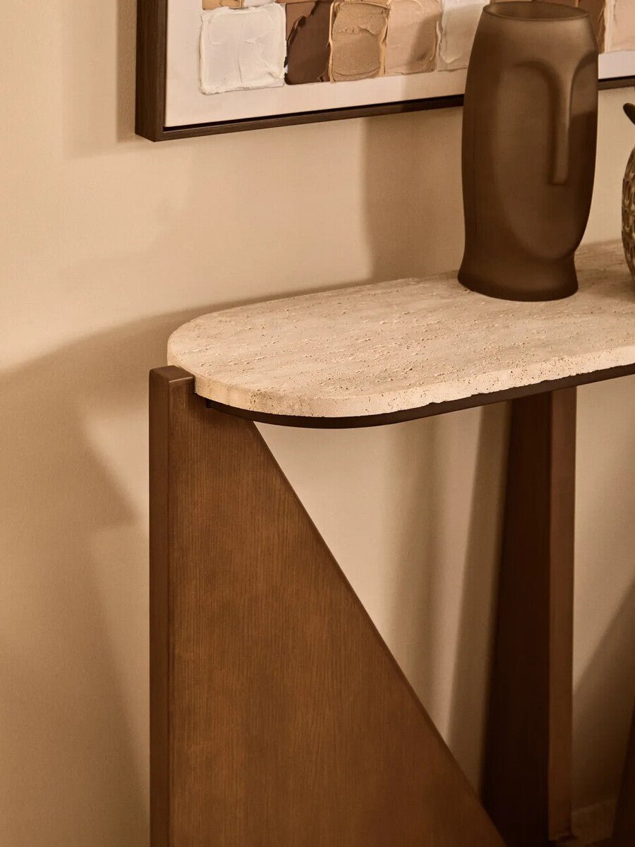 Cream Travertine Top Console Table with Brown Acacia Wood Frame, Walton - Miola