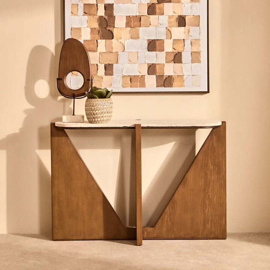 Cream Travertine Top Console Table with Brown Acacia Wood Frame, Walton - Miola