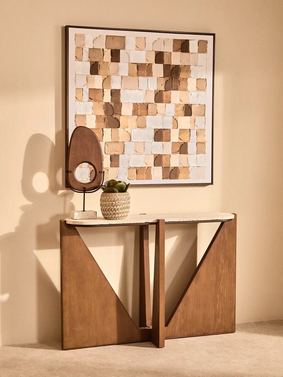 Cream Travertine Top Console Table with Brown Acacia Wood Frame, Walton - Miola