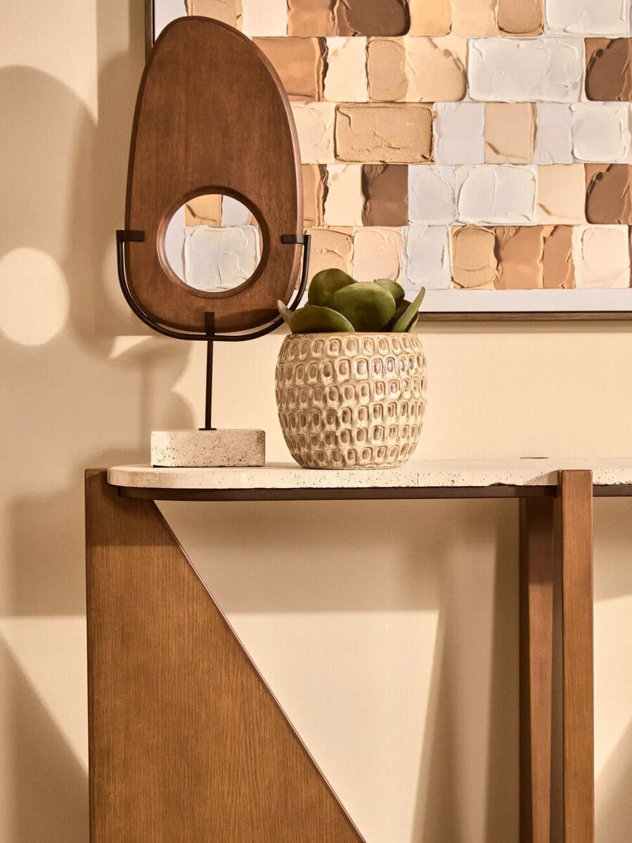 Cream Travertine Top Console Table with Brown Acacia Wood Frame, Walton - Miola