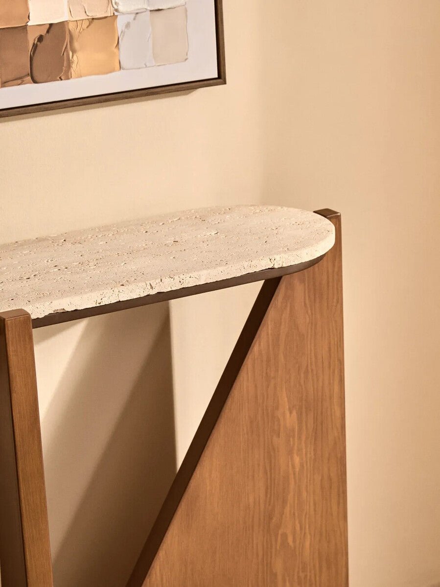 Cream Travertine Top Console Table with Brown Acacia Wood Frame, Walton - Miola