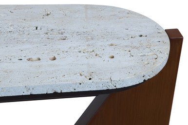 Cream Travertine Top Console Table with Brown Acacia Wood Frame, Walton - Miola
