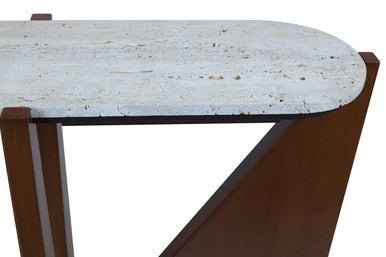 Cream Travertine Top Console Table with Brown Acacia Wood Frame, Walton - Miola
