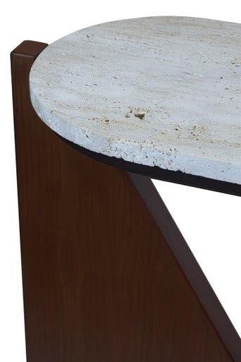 Cream Travertine Top Console Table with Brown Acacia Wood Frame, Walton - Miola