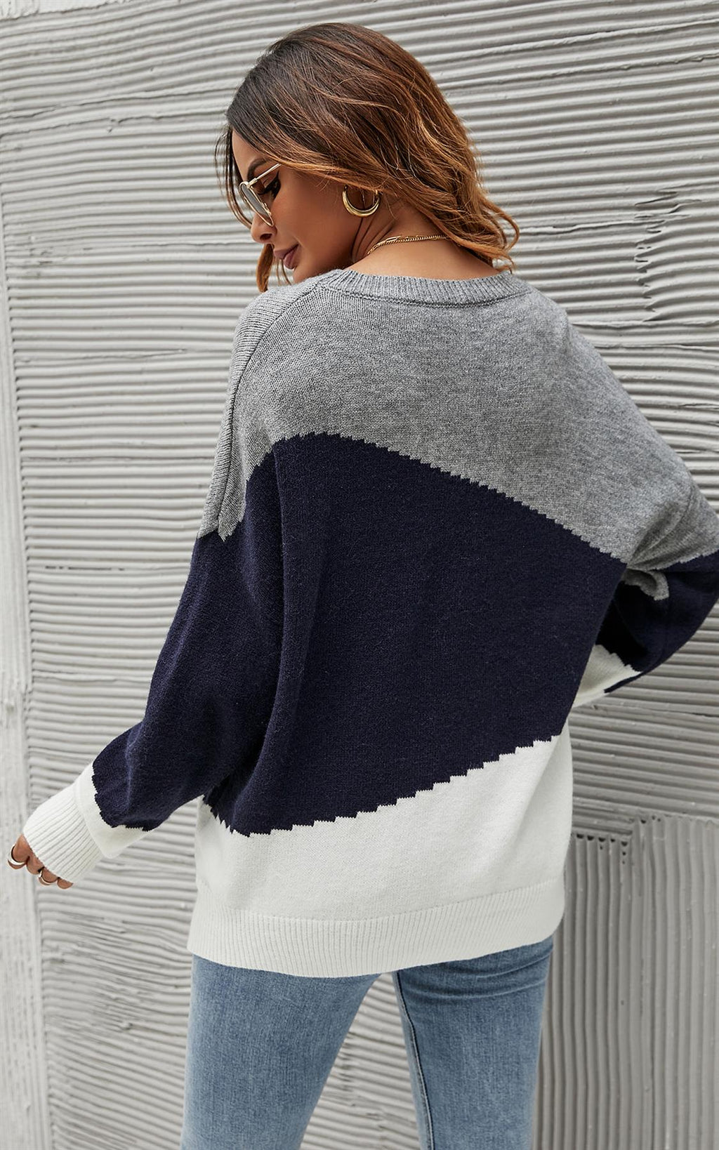Navy & White Block Colour Jumper Top in Grey - Miola
