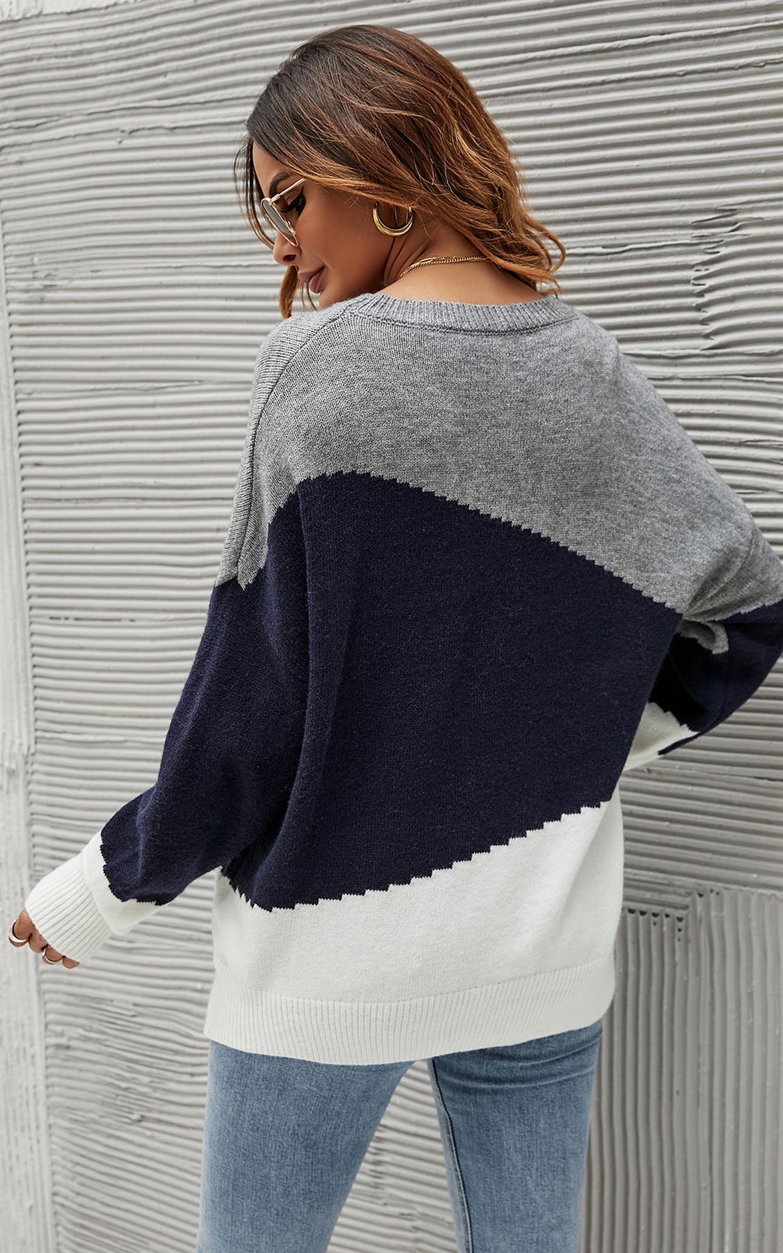 Navy & White Block Colour Jumper Top in Grey - Miola