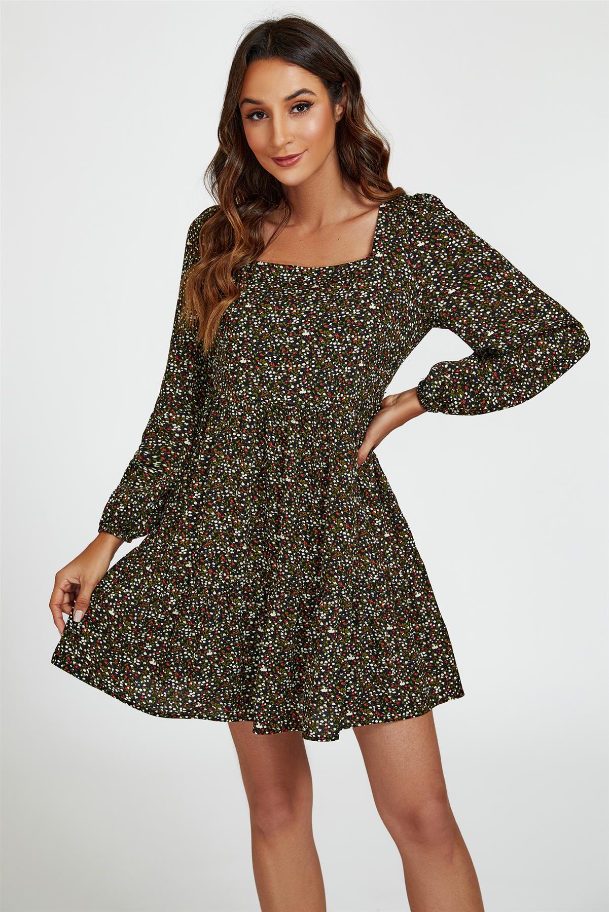 Little Floral Print Square Neck Mini Dress In Black