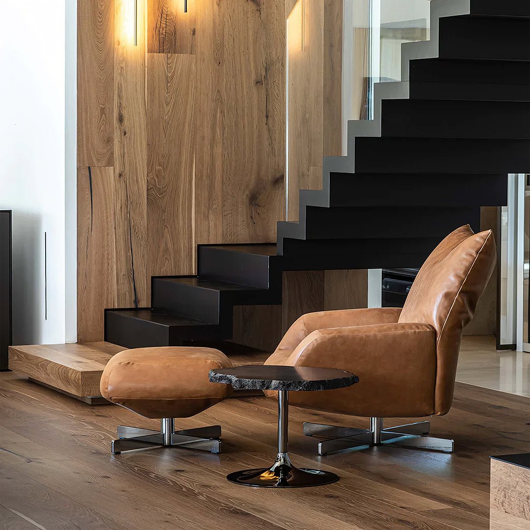 Schmidt Chiara Lounge Chair With Footstool, Swivel, Real Leather - Miola