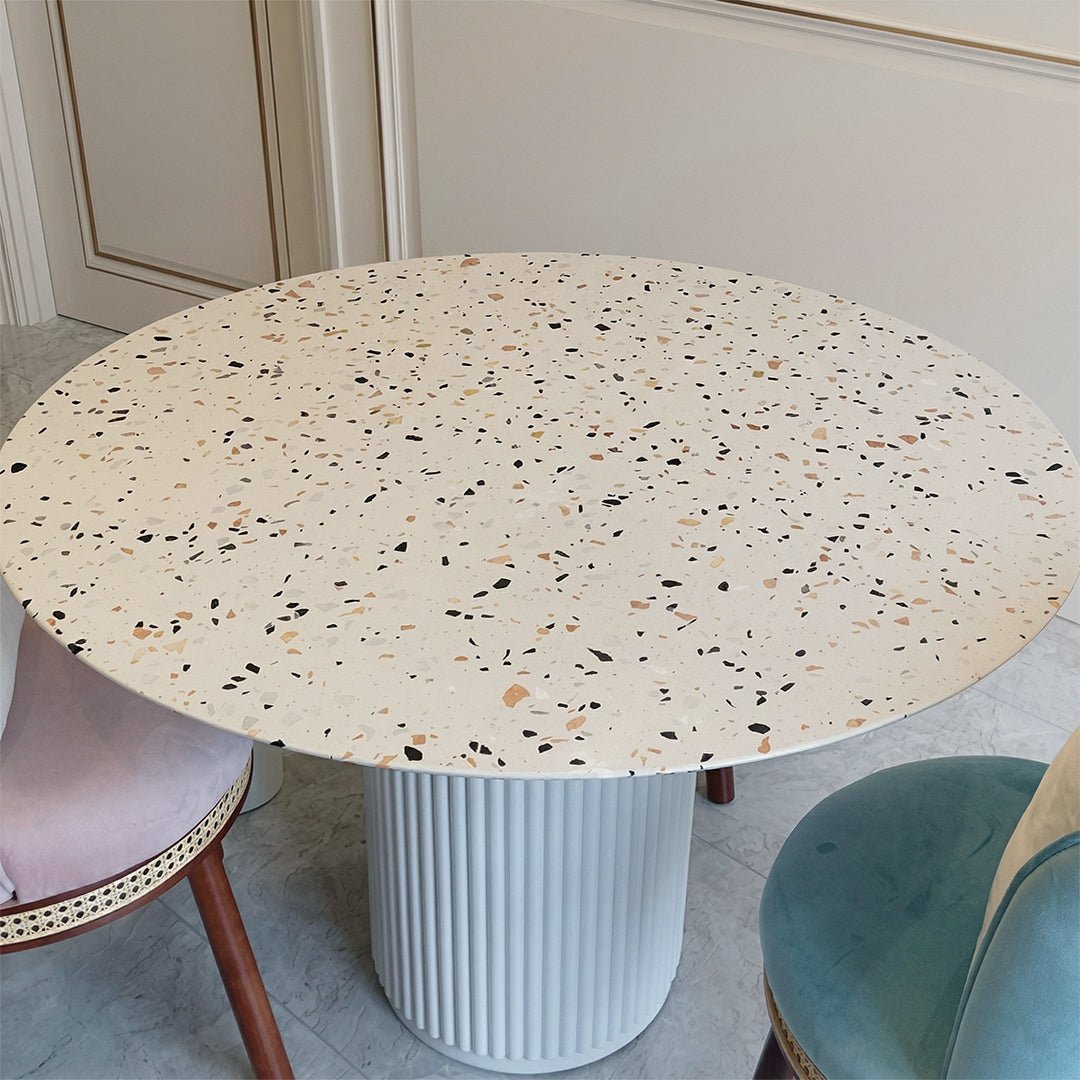 Cracky White Round Dining Table, Premium Terrazzo And Wood Base - Miola