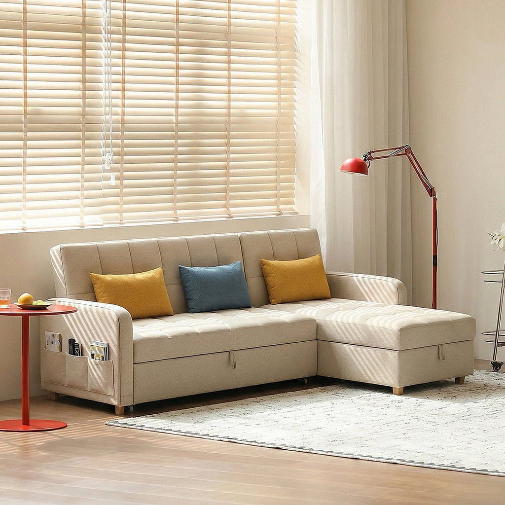 ML203 Three Seater Sofa Bed, L Shape Sofa Bed With Storage, Linen - Miola