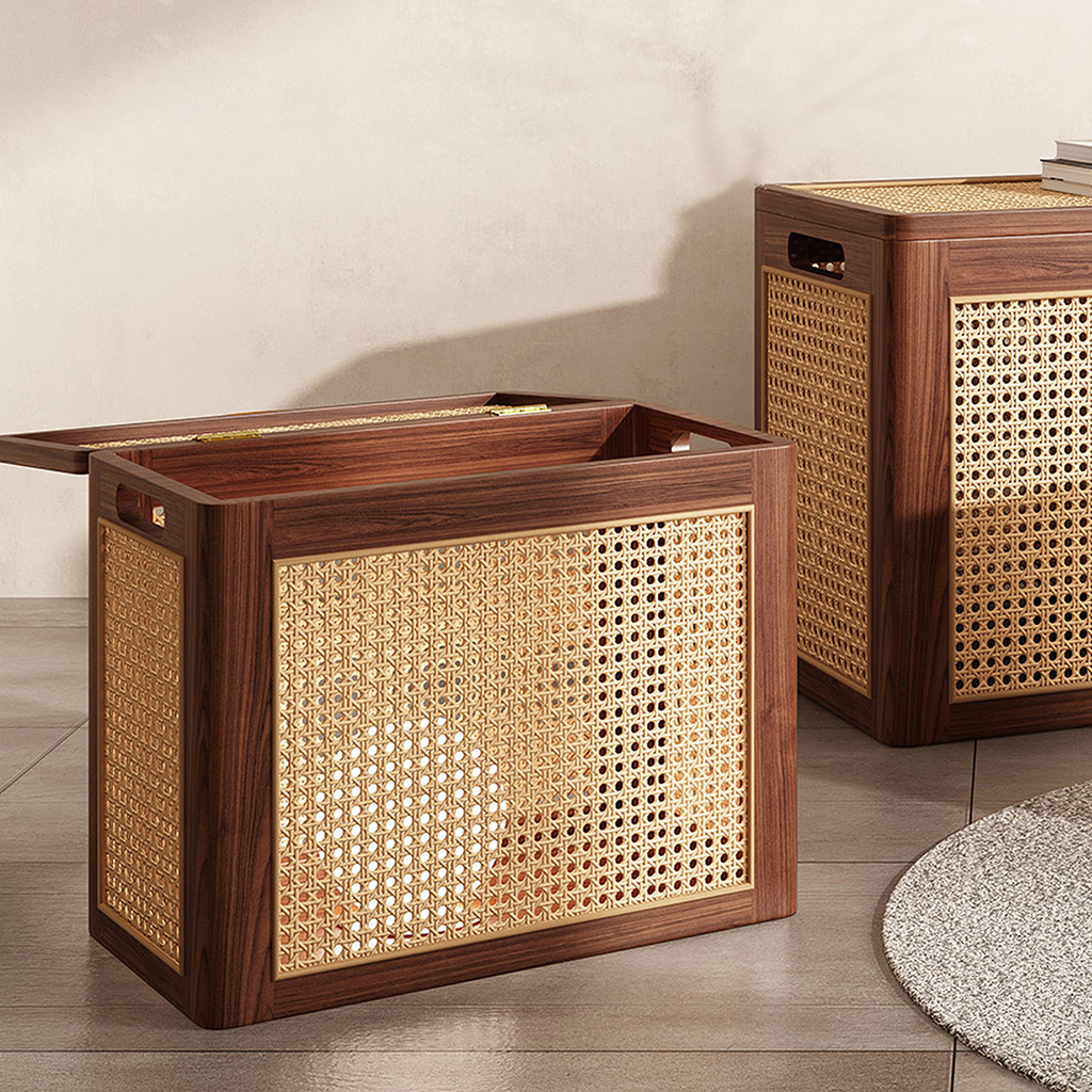 Aka Solid Wood Storage Box With Lid, Rattan Ottoman