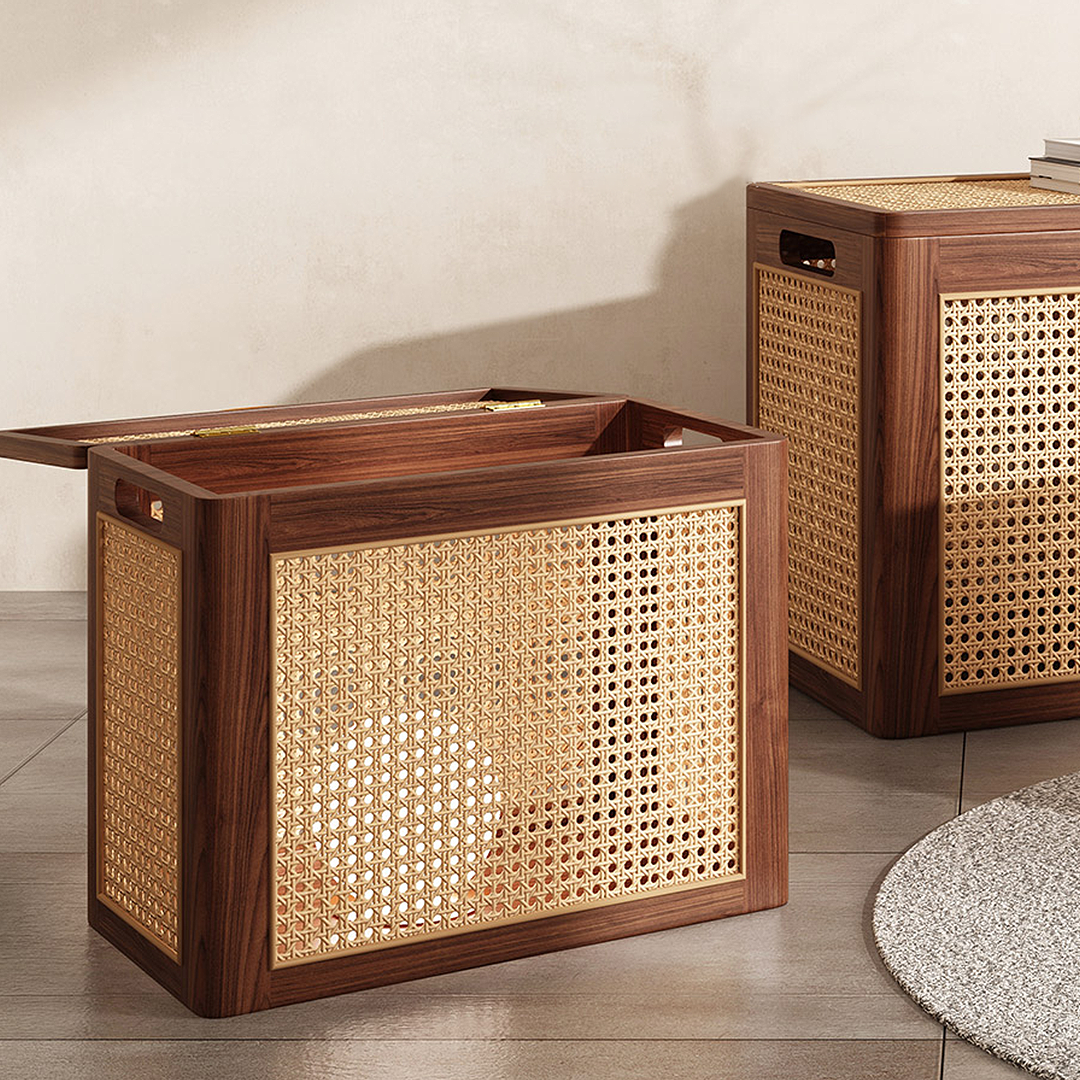 Aka Solid Wood Storage Box With Lid, Rattan Ottoman