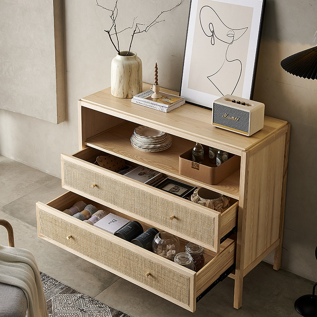 San Vintage Sideboard, Rattan & Solid Wood, Oak