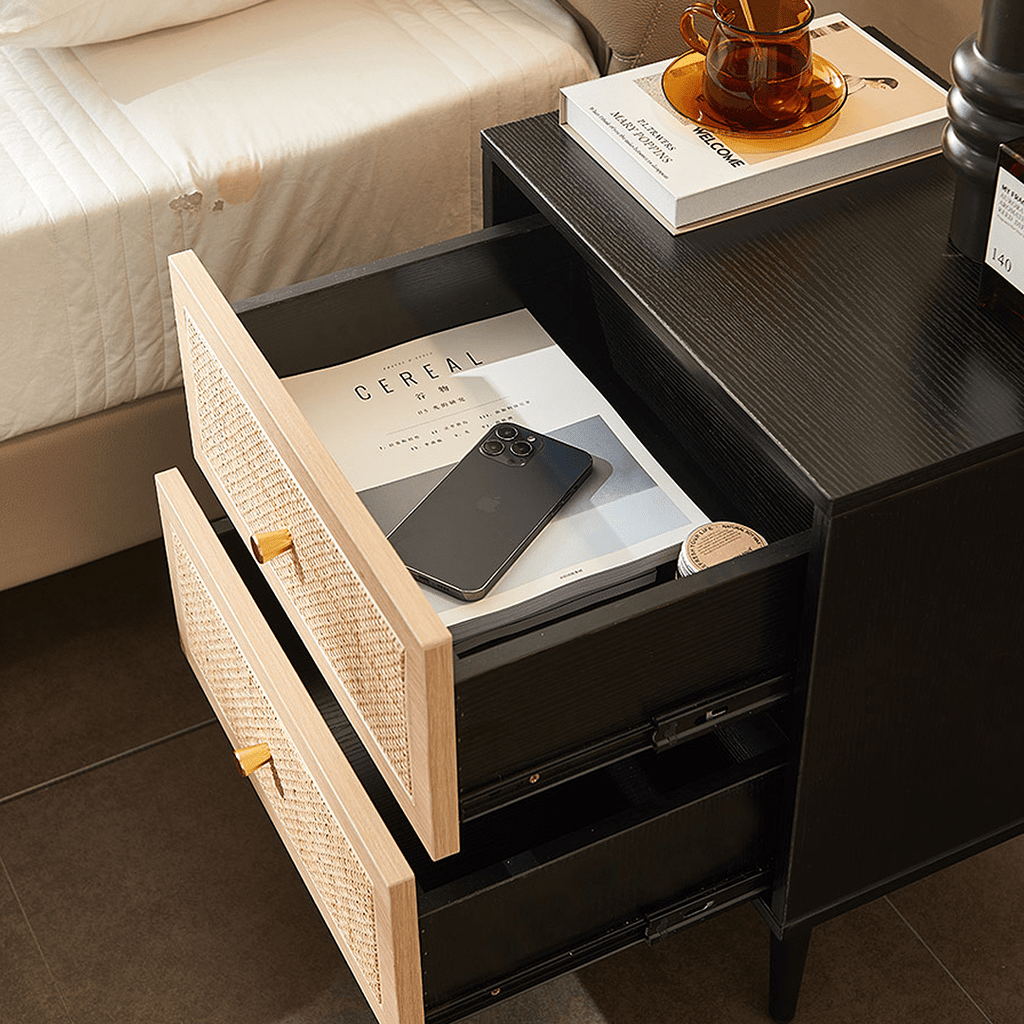 Tsaatan Wood Bedside Table, Rattan, Black - Miola