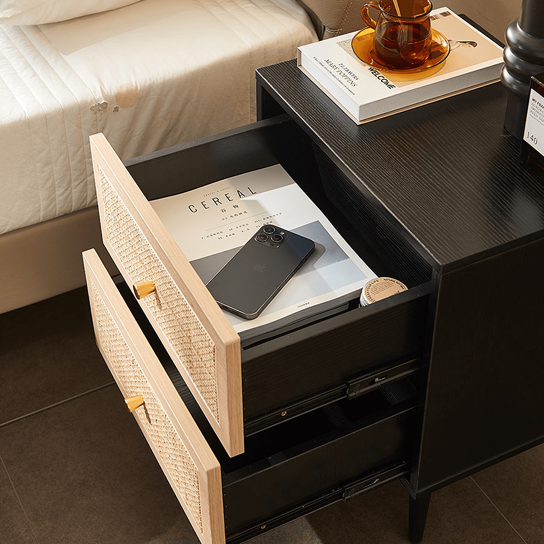 Tsaatan Wood Bedside Table, Rattan, Black - Miola