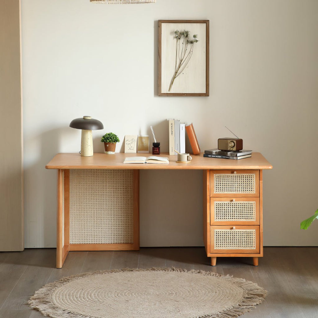 Anya Office Desk With Storage & Office Chair, Ash Wood & Rattan - Miola