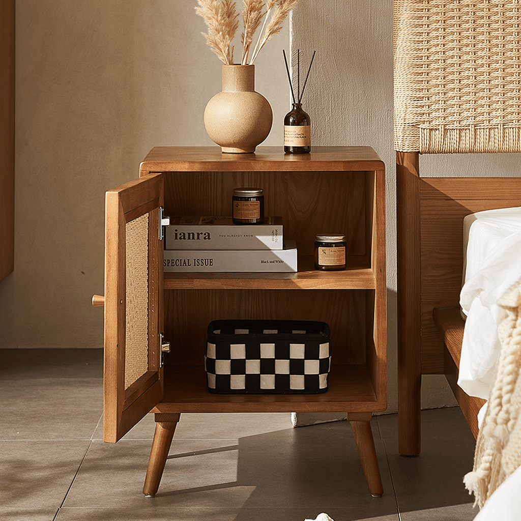 Himba Rattan Bedside Table, Solid Wood - Miola