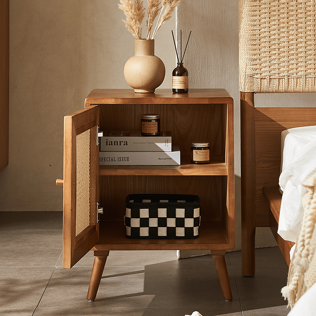 Himba Rattan Bedside Table, Solid Wood - Miola
