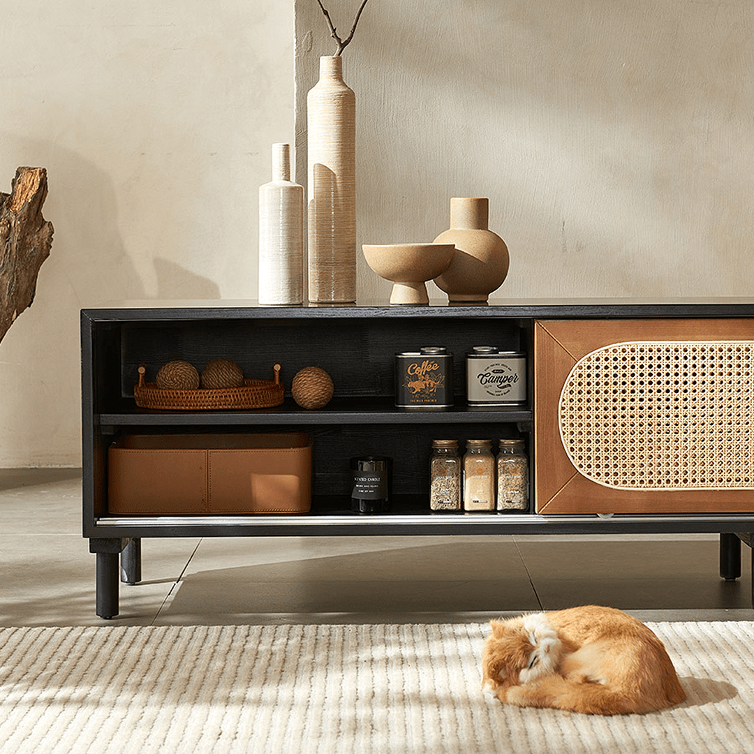 Dogon Rattan TV Stand, Black, Solid Wood - Miola