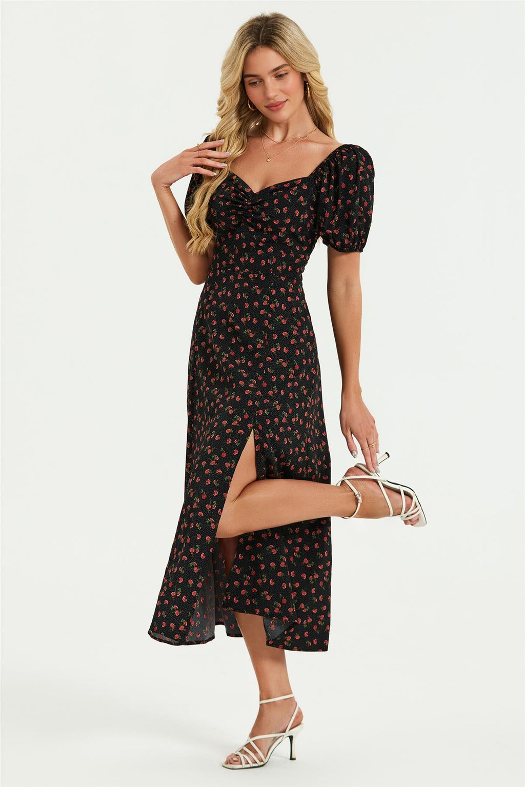 Puff Sleeve Heart Neckline Midi Dress In Black