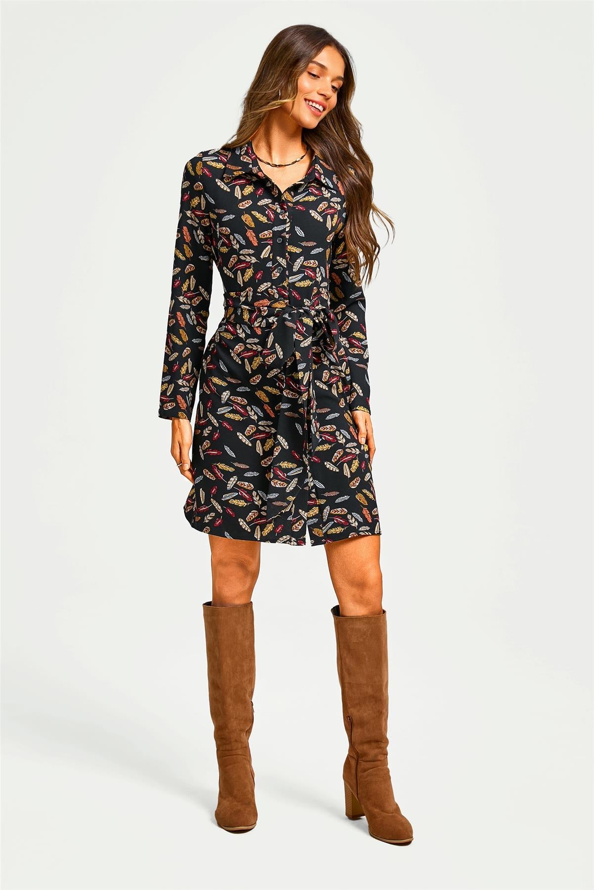 Leaf Print Tie Front Mini Shirt Dress in Black - Miola