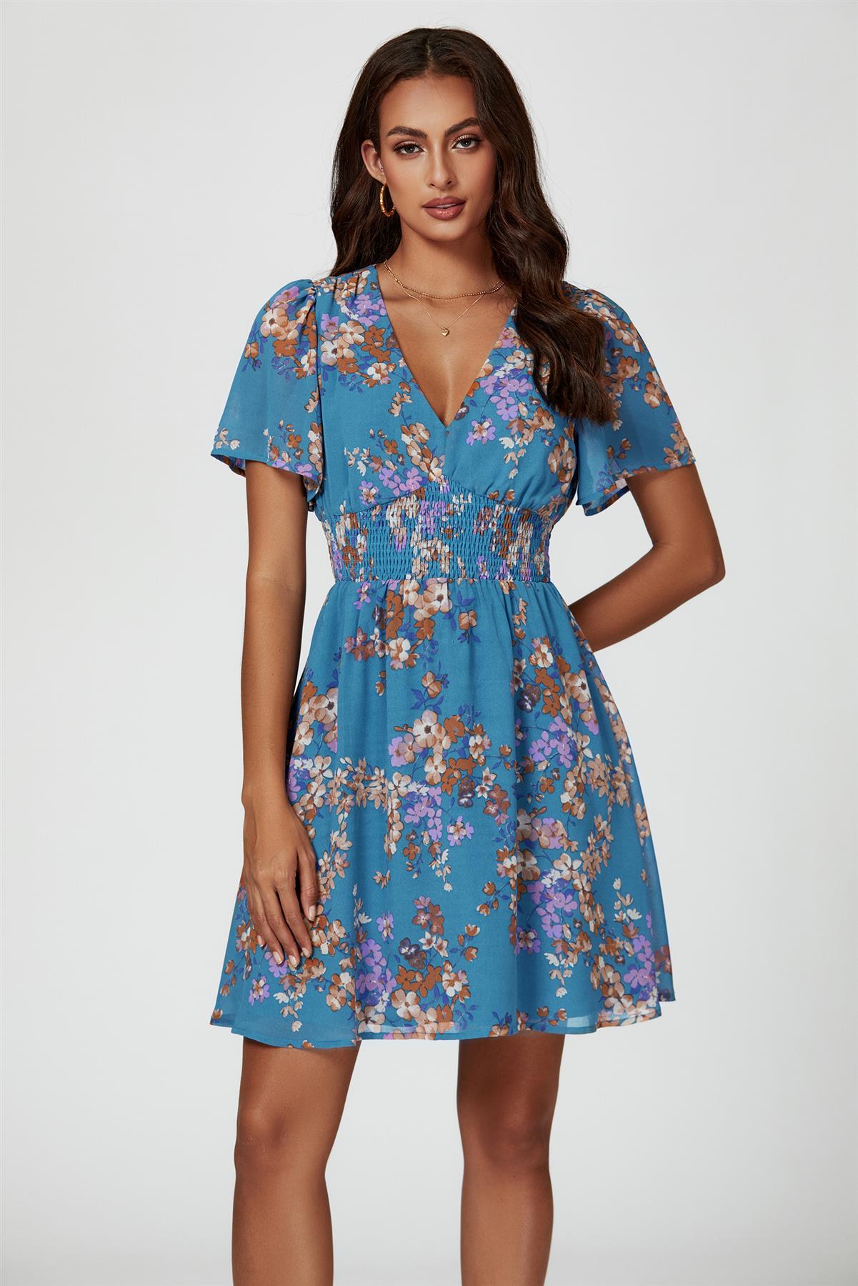 Floral Print Short Sleeve Mini Dress In Blue