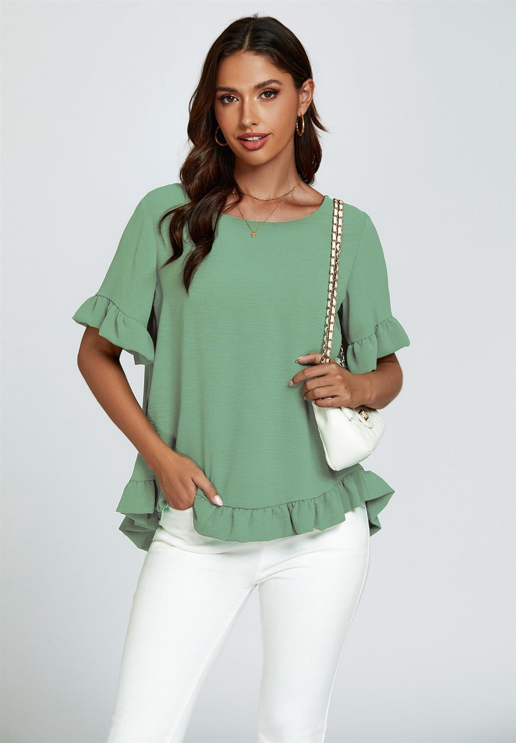 Frill Detail Short Sleeves Top In Light Green