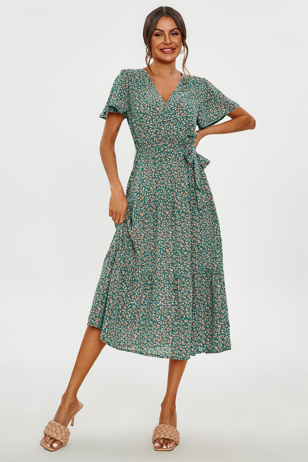 Orange Floral Print Hem Tiered Wrap Midi Dress In Green