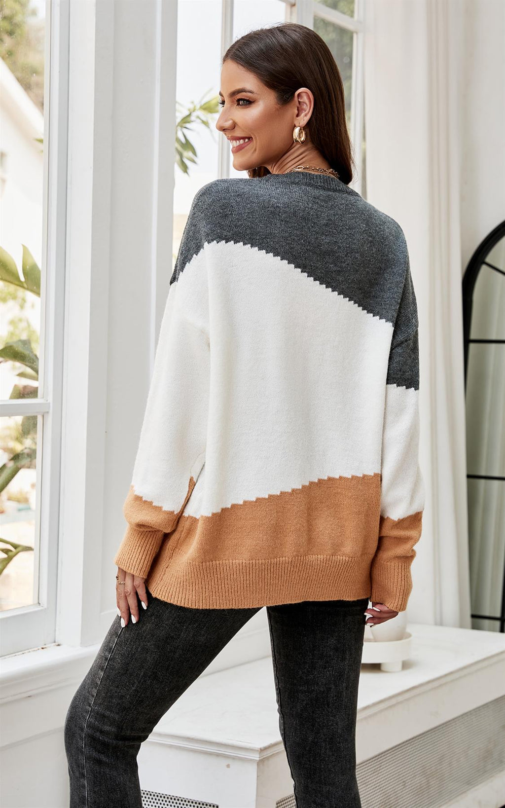 Grey & Camel Block Colour Jumper Top In Beige