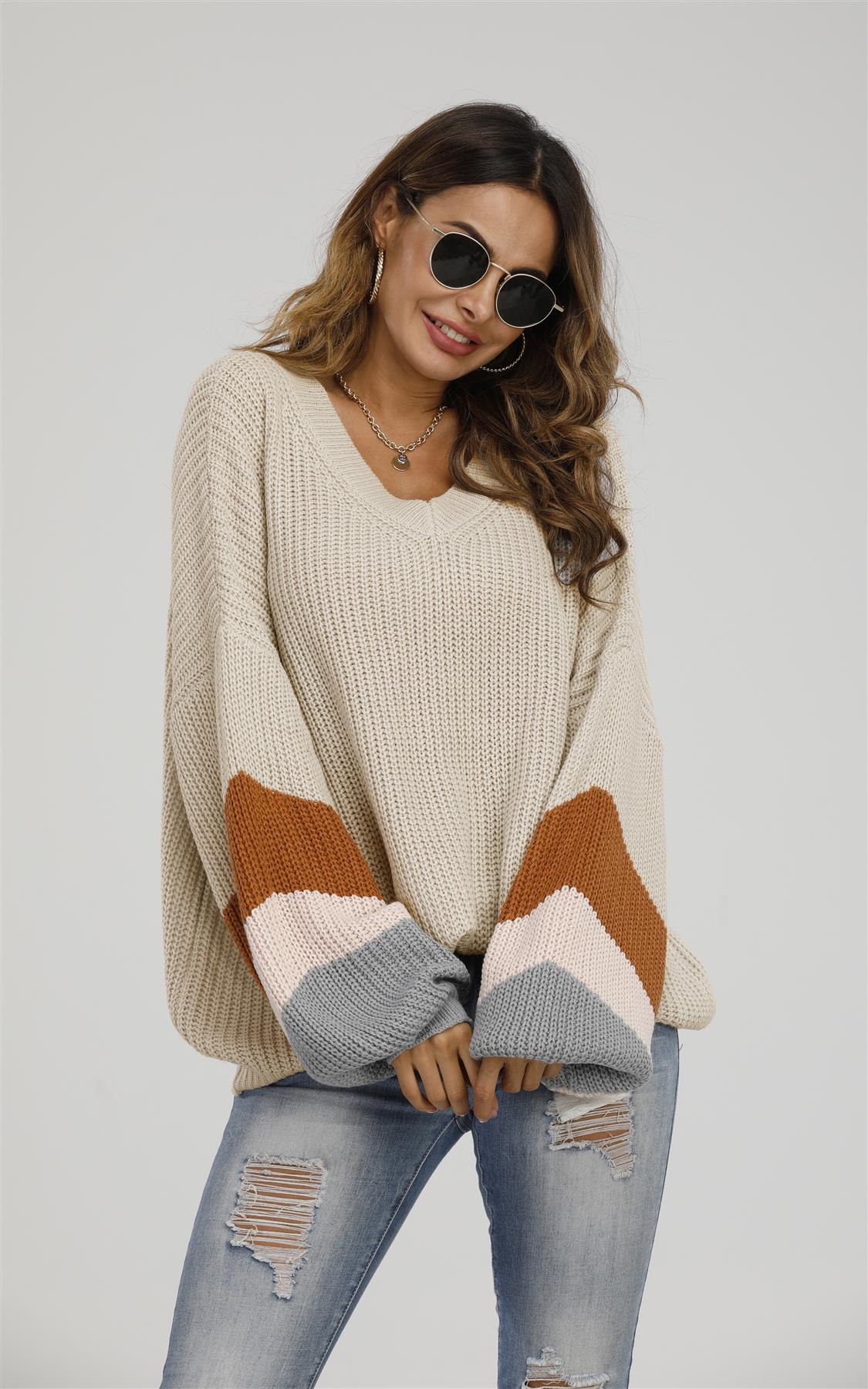 Striped Jumper in Beige & Peach Pink & Camel - Miola