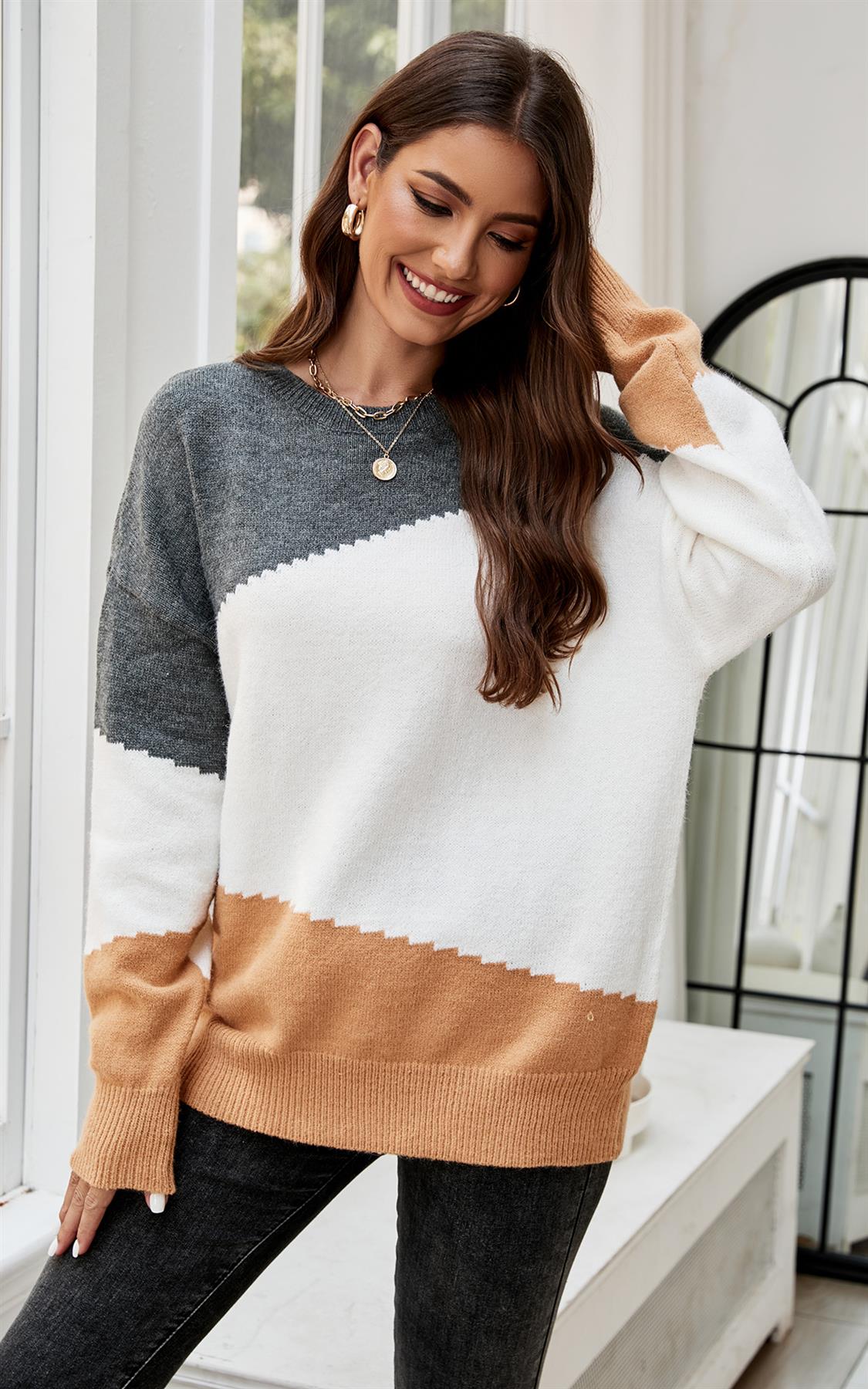 Grey & Camel Block Colour Jumper Top In Beige