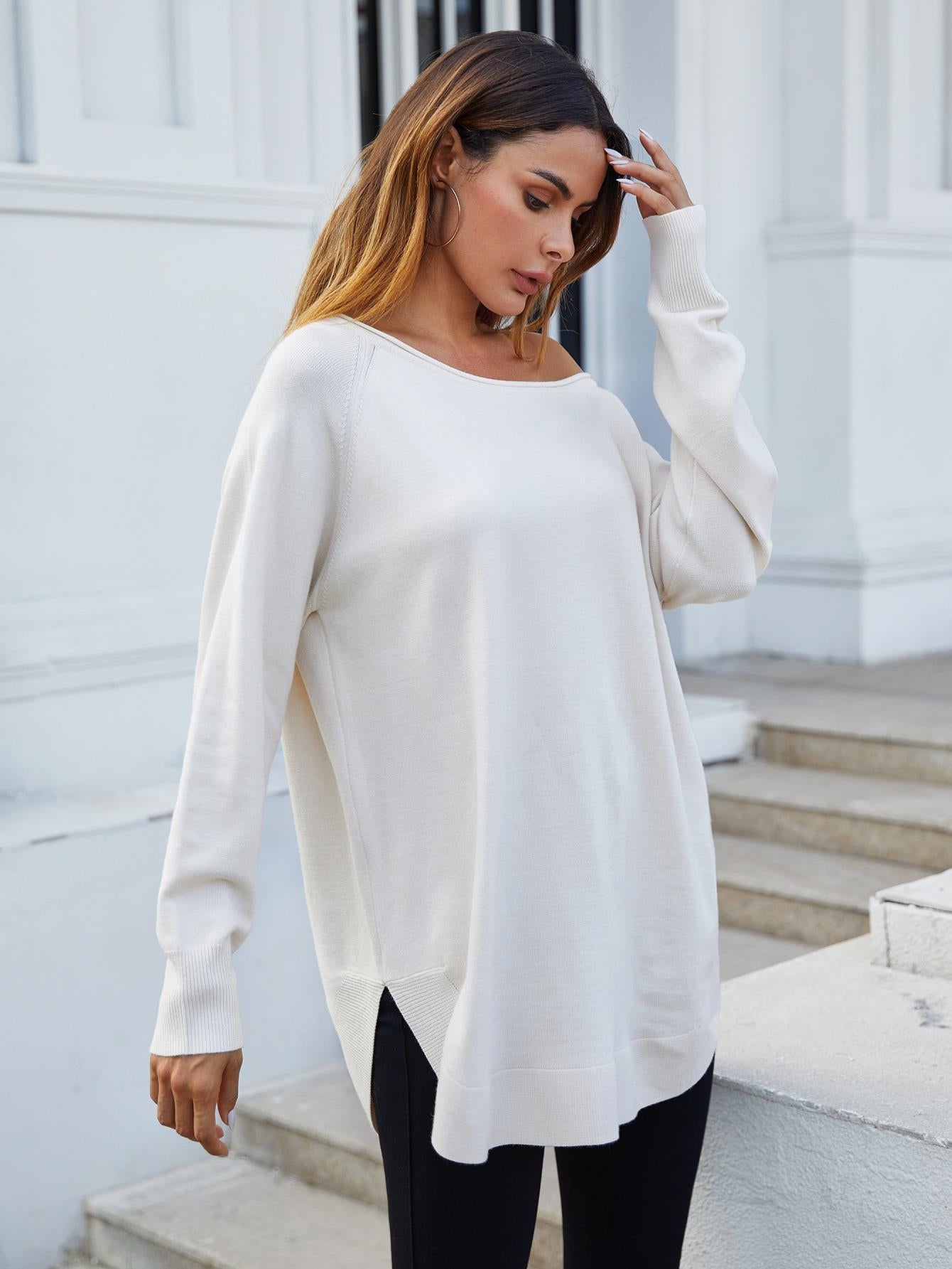 Oversize Knitted Jumper Top in Ecru - Miola