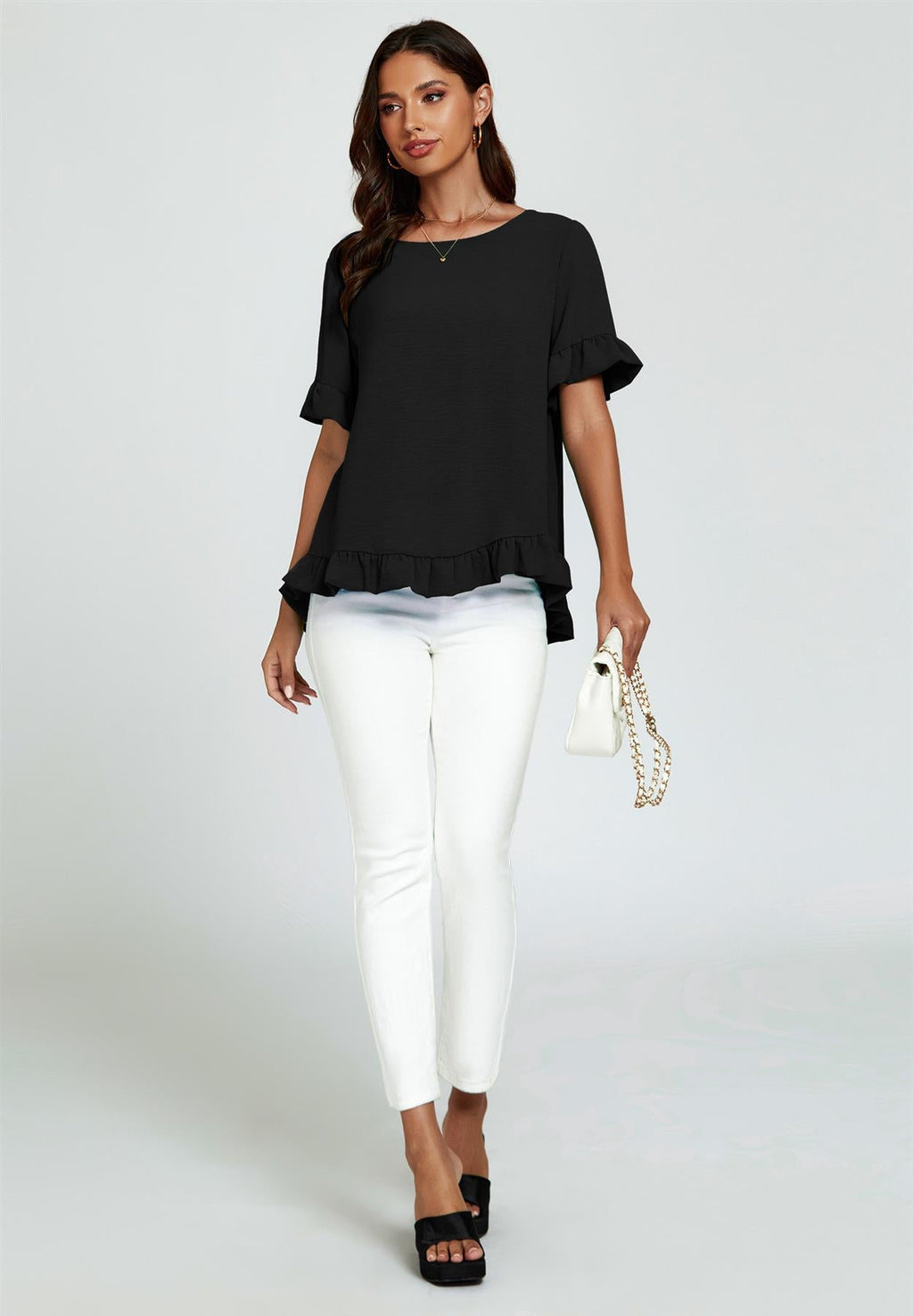 Frill Detail Short Sleeves Top In Black