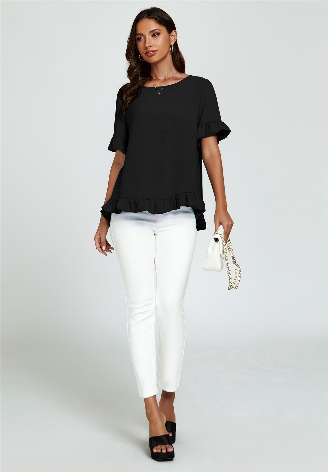 Frill Detail Short Sleeves Top In Black