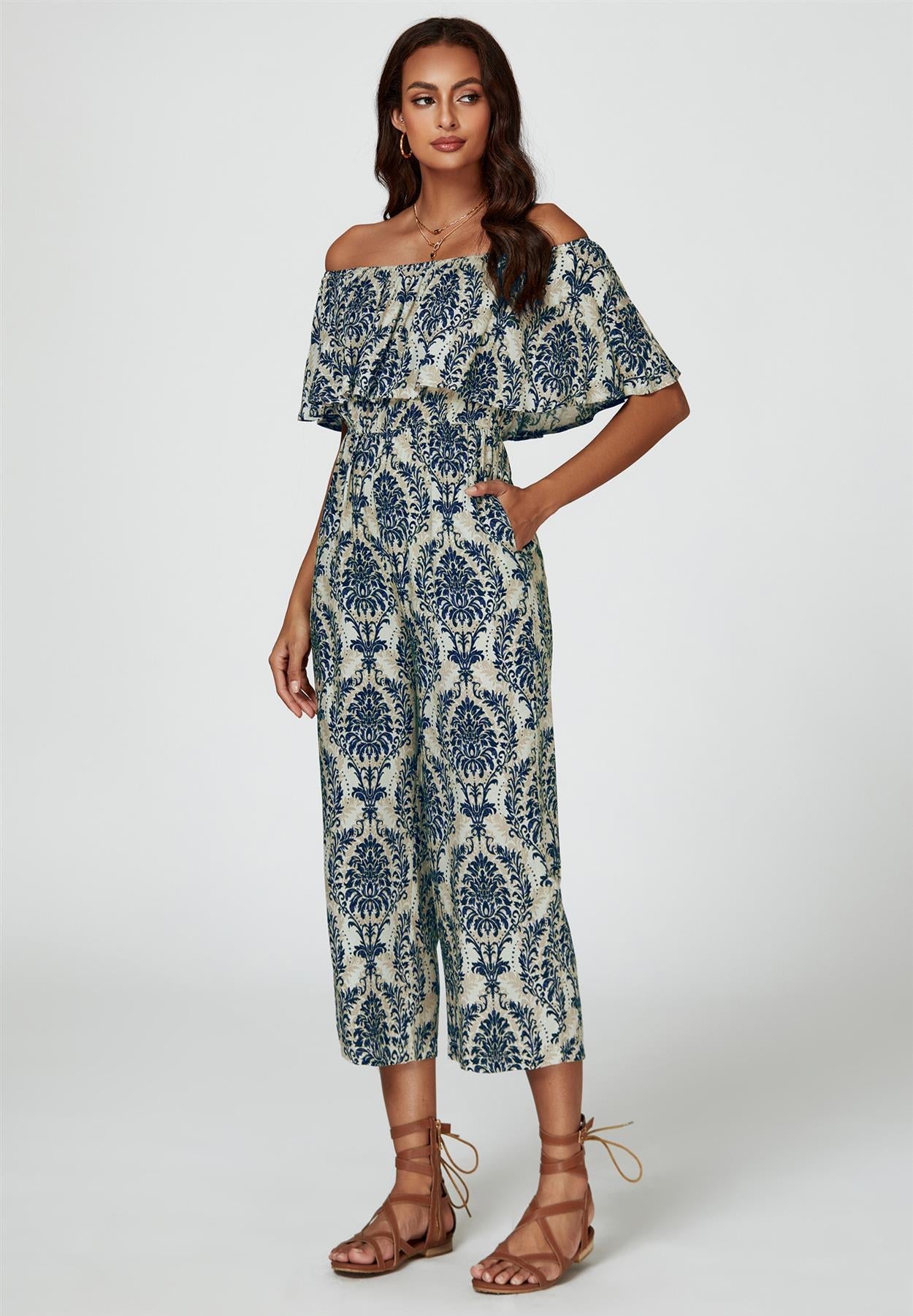Off The Shoulder Print Frill Jumpsuit In Navy