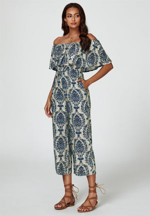 Off The Shoulder Print Frill Jumpsuit In Navy