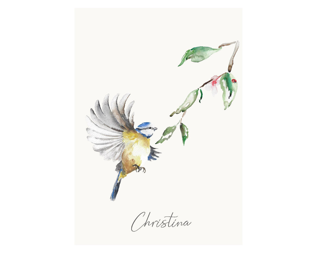 Personalised Blue Tit Garden Bird Wall print