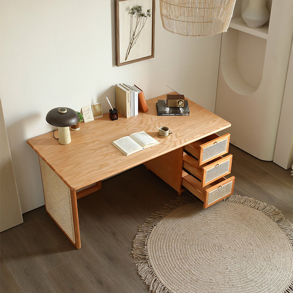 Anya Office Desk With Storage & Office Chair, Ash Wood & Rattan - Miola