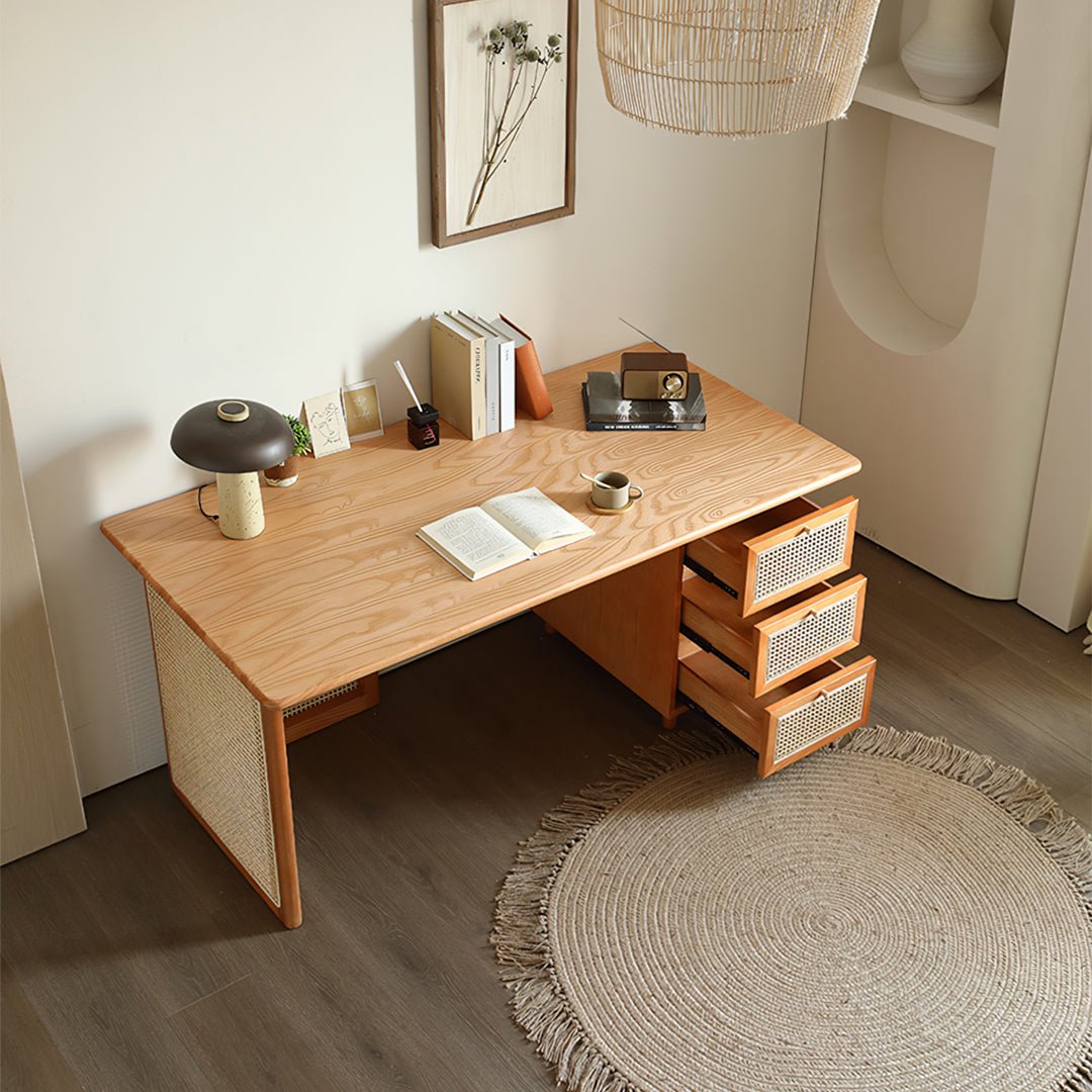 Anya Office Desk With Storage & Office Chair, Ash Wood & Rattan - Miola