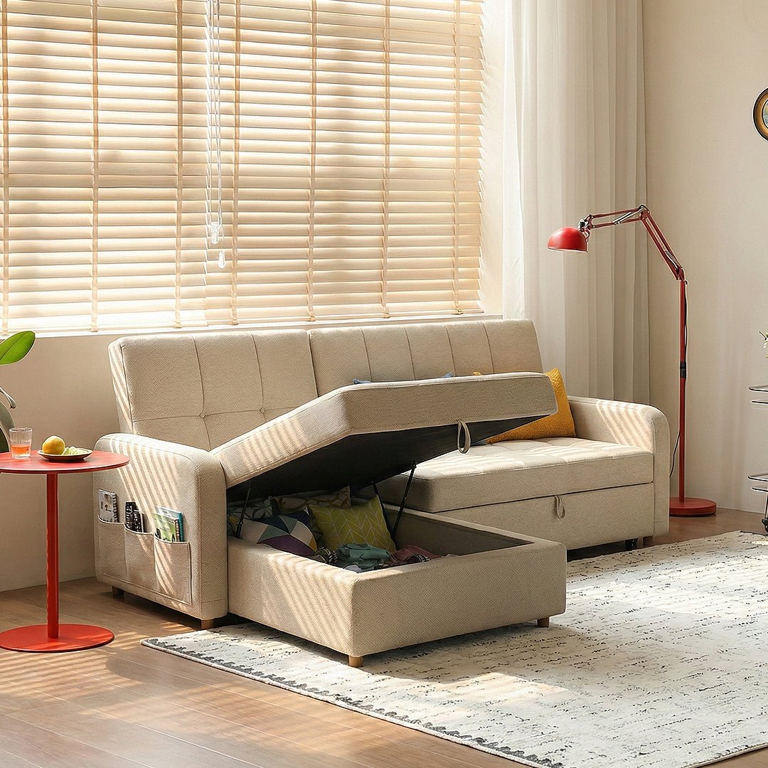 ML203 Three Seater Sofa Bed, L Shape Sofa Bed With Storage, Linen - Miola