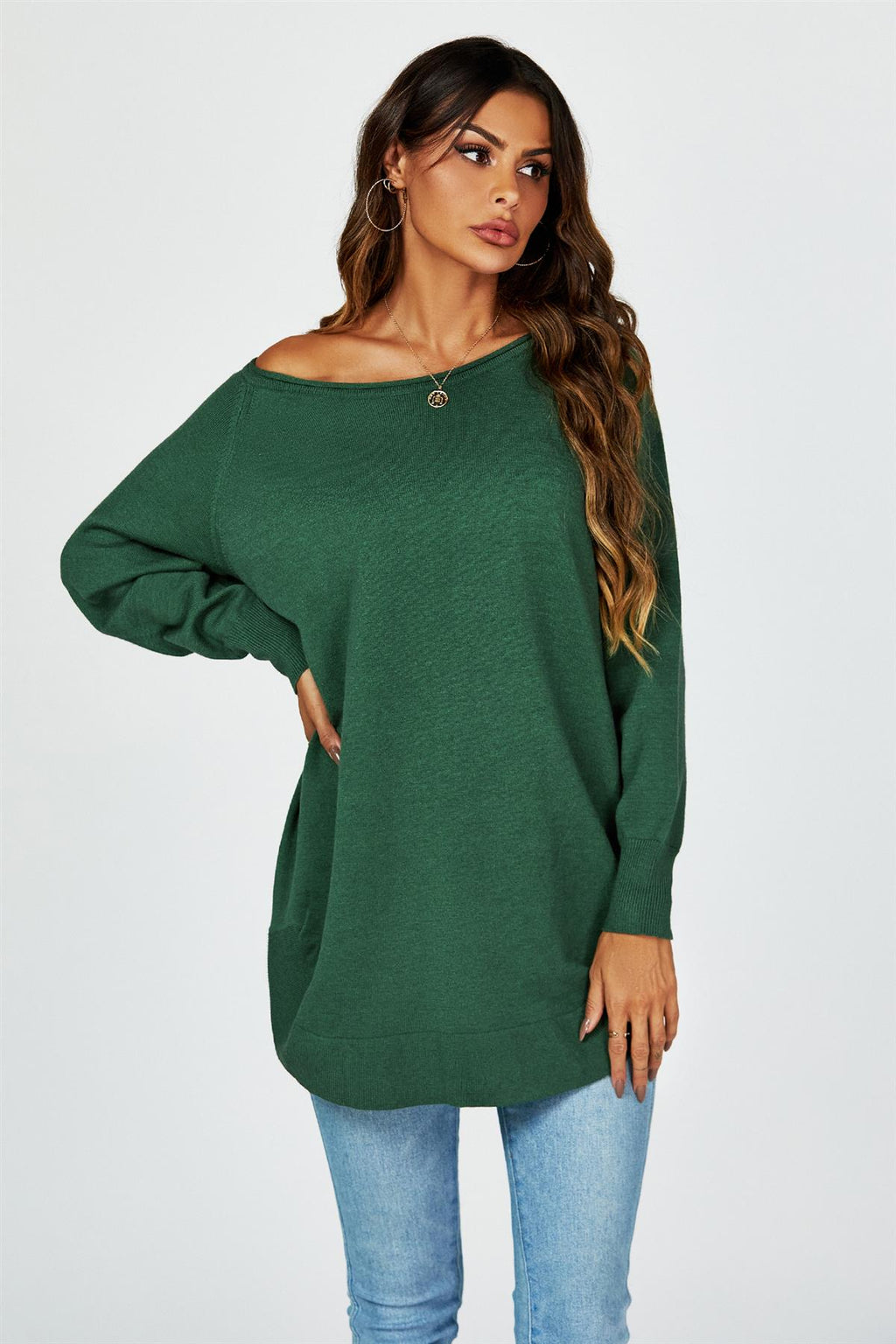 Oversize Knitted Jumper Top In Dark Green