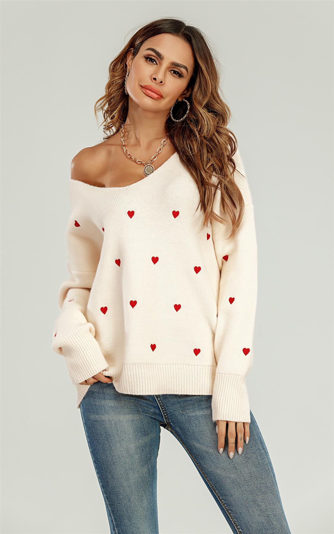 Embroidery Red Heart V Neck Jumper in Cream - Miola